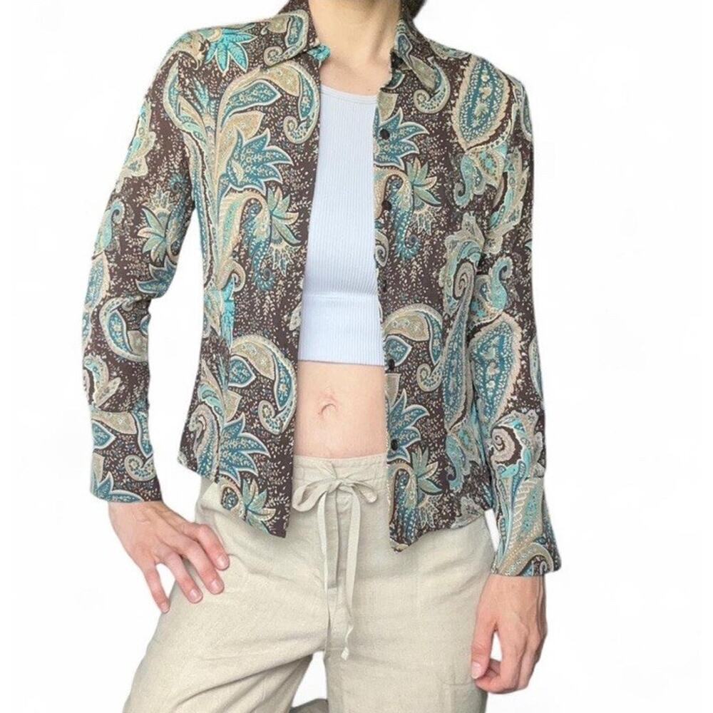 Petite Sophisticate Women’s 100% Silk Blue Brown Paisley Button Up Shirt Size 4